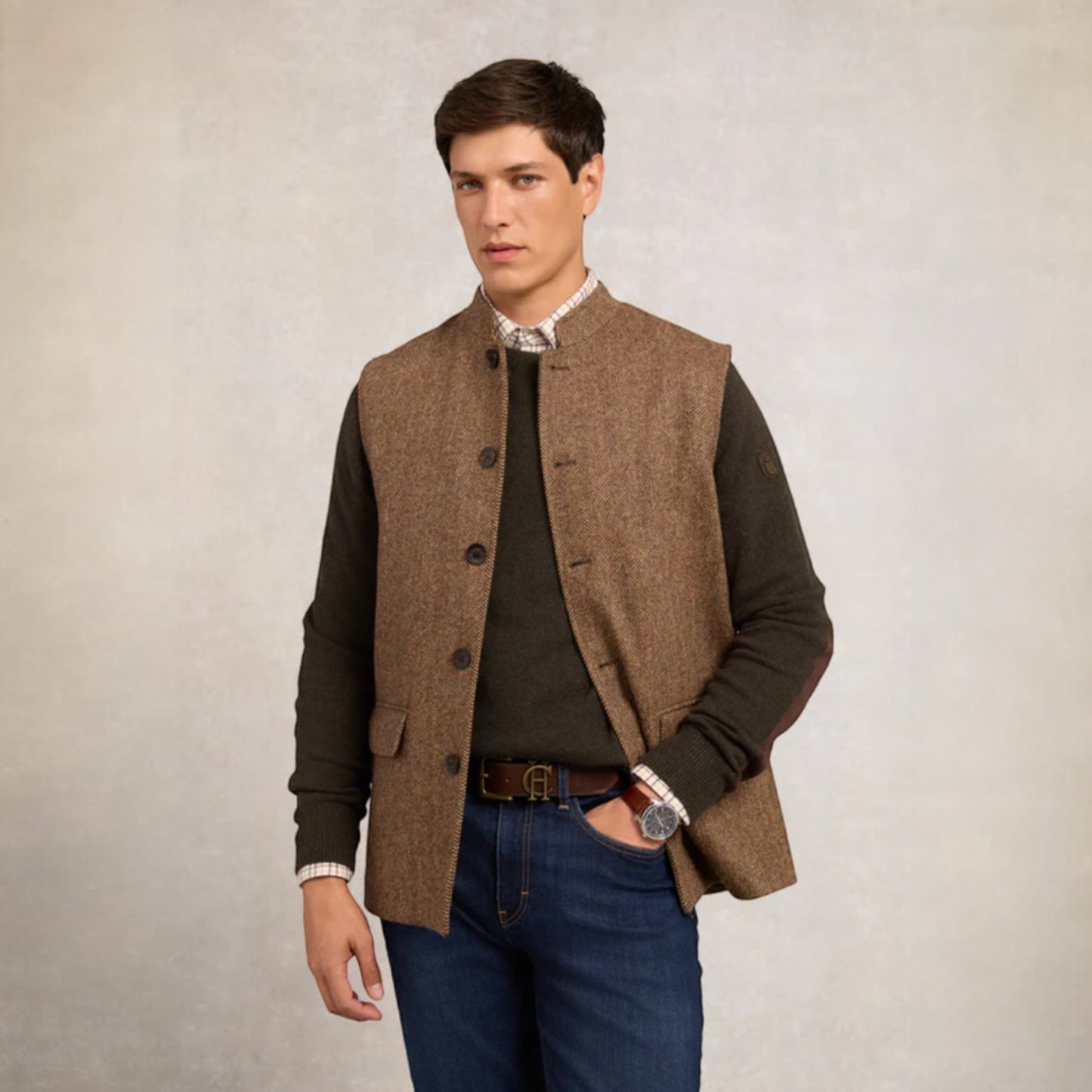 Holland Cooper Men's Nehru Gilet Brown Herringbone