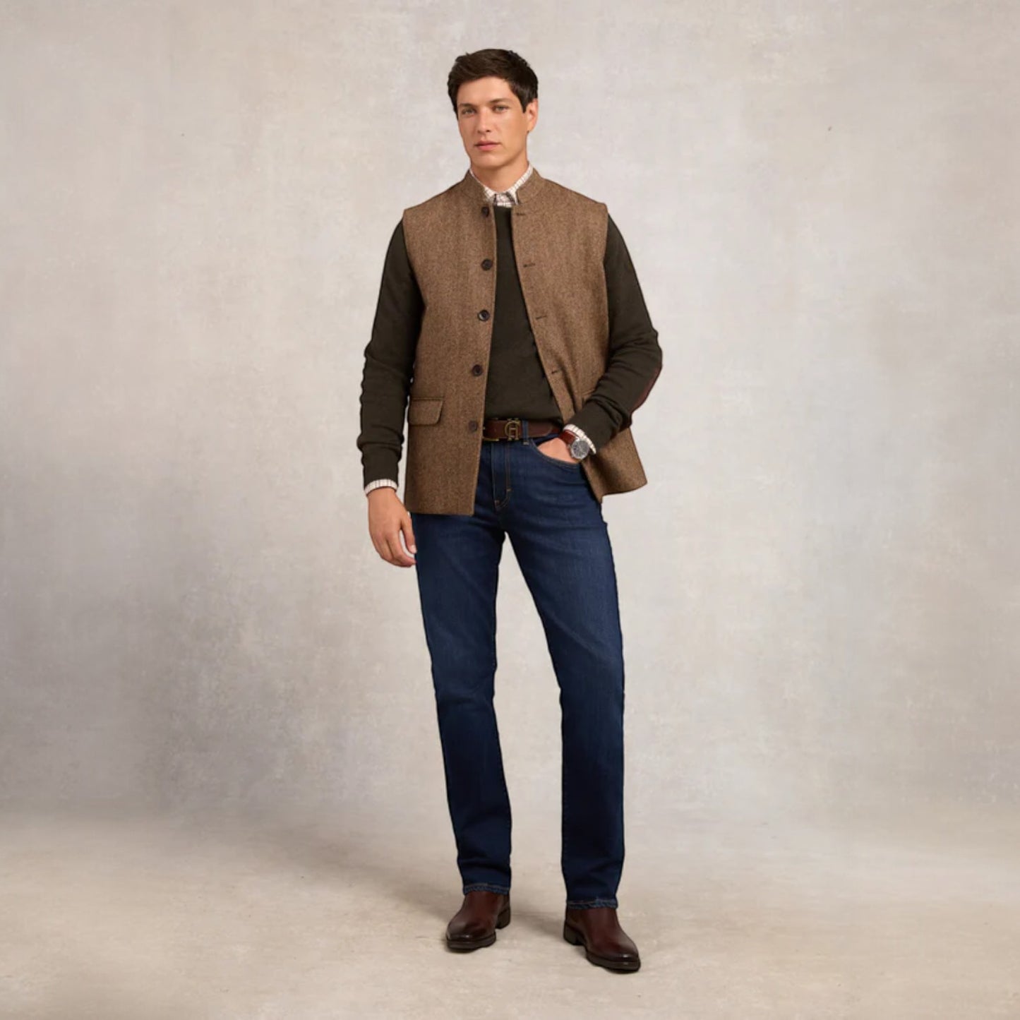 Holland Cooper Men's Nehru Gilet Brown Herringbone