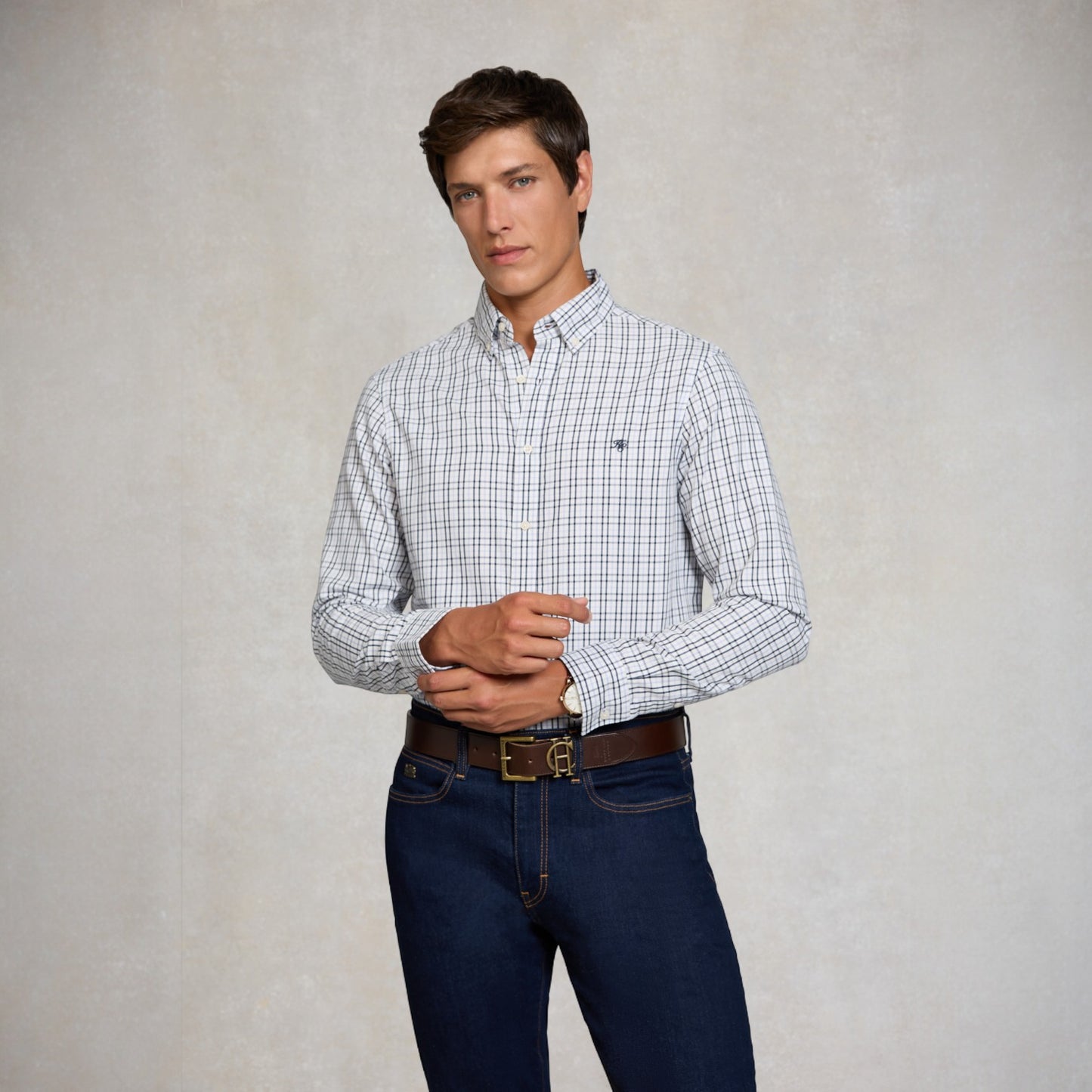 Holland Cooper Men's Classic Woven Button Down Shirt Cheltenham Check Blue