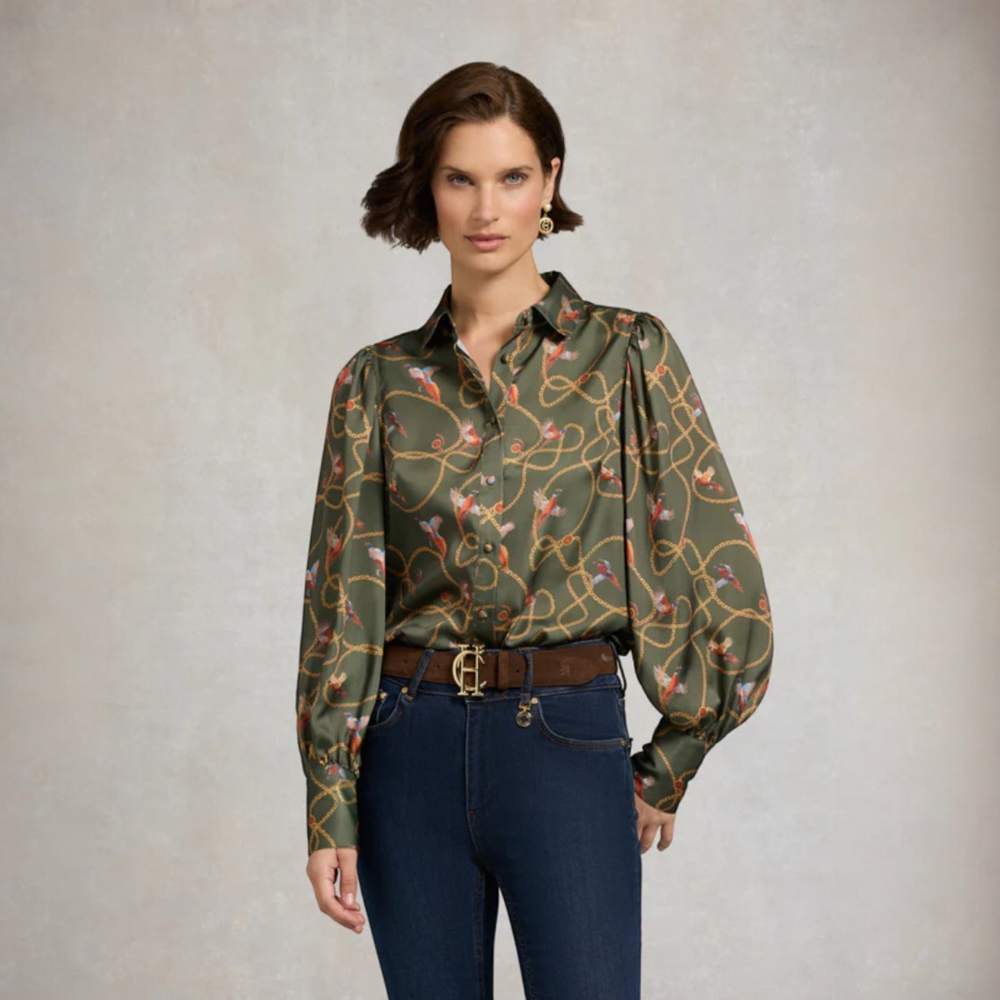 Holland Cooper Isla Satin Shirt Khaki Pheasant