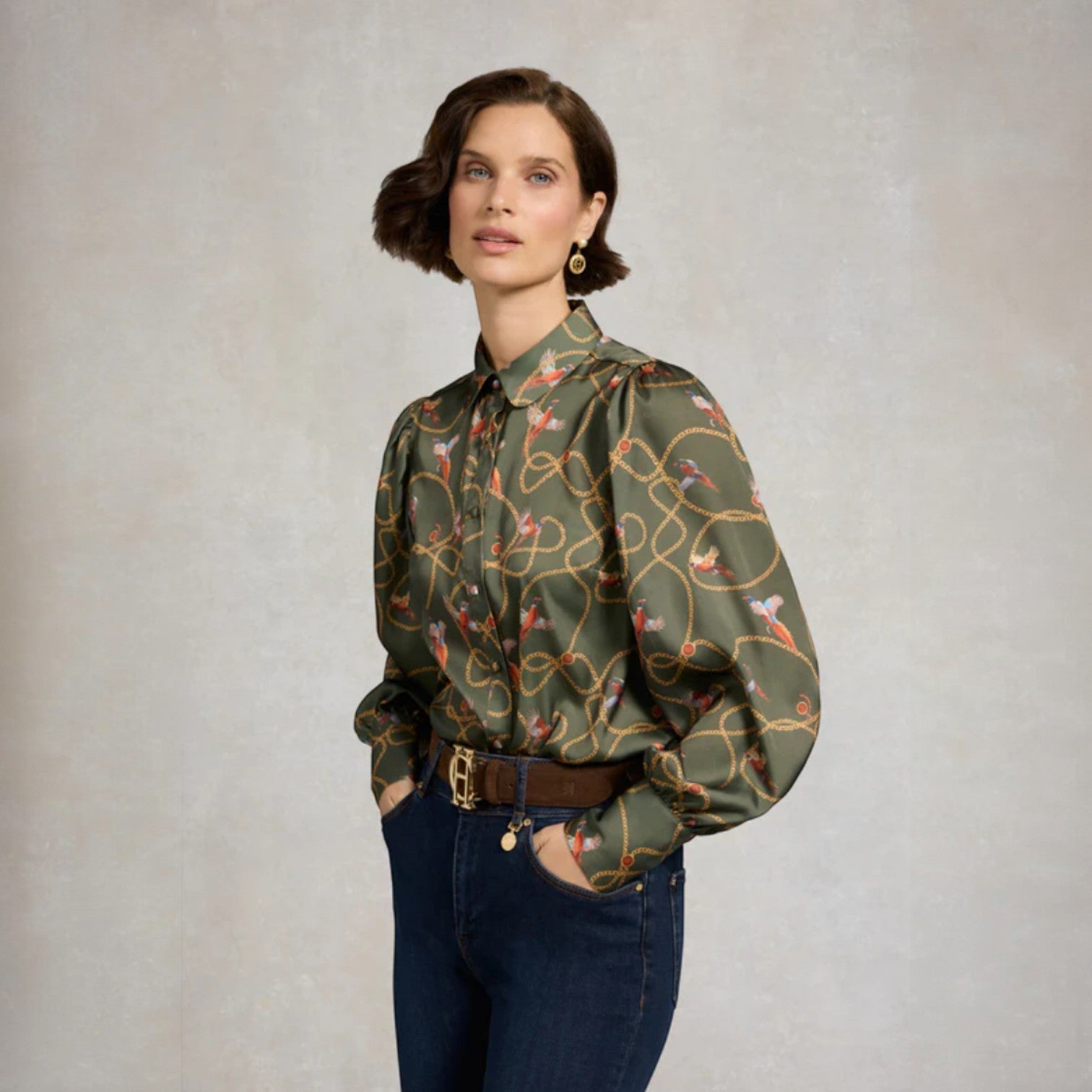 Holland Cooper Isla Satin Shirt Khaki Pheasant