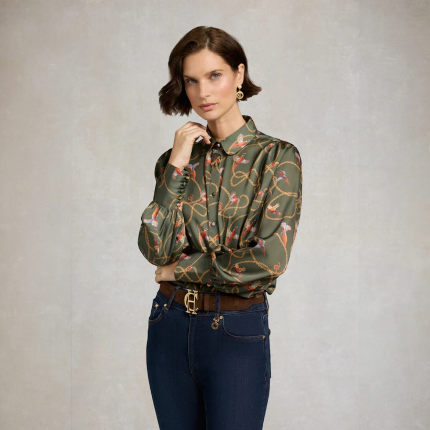 Holland Cooper Isla Satin Shirt Khaki Pheasant