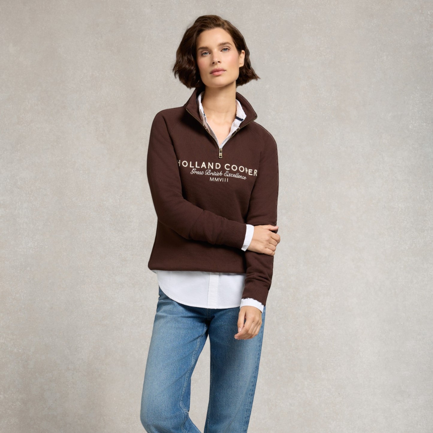 Holland Cooper Sporting Goods Zip Henley Walnut