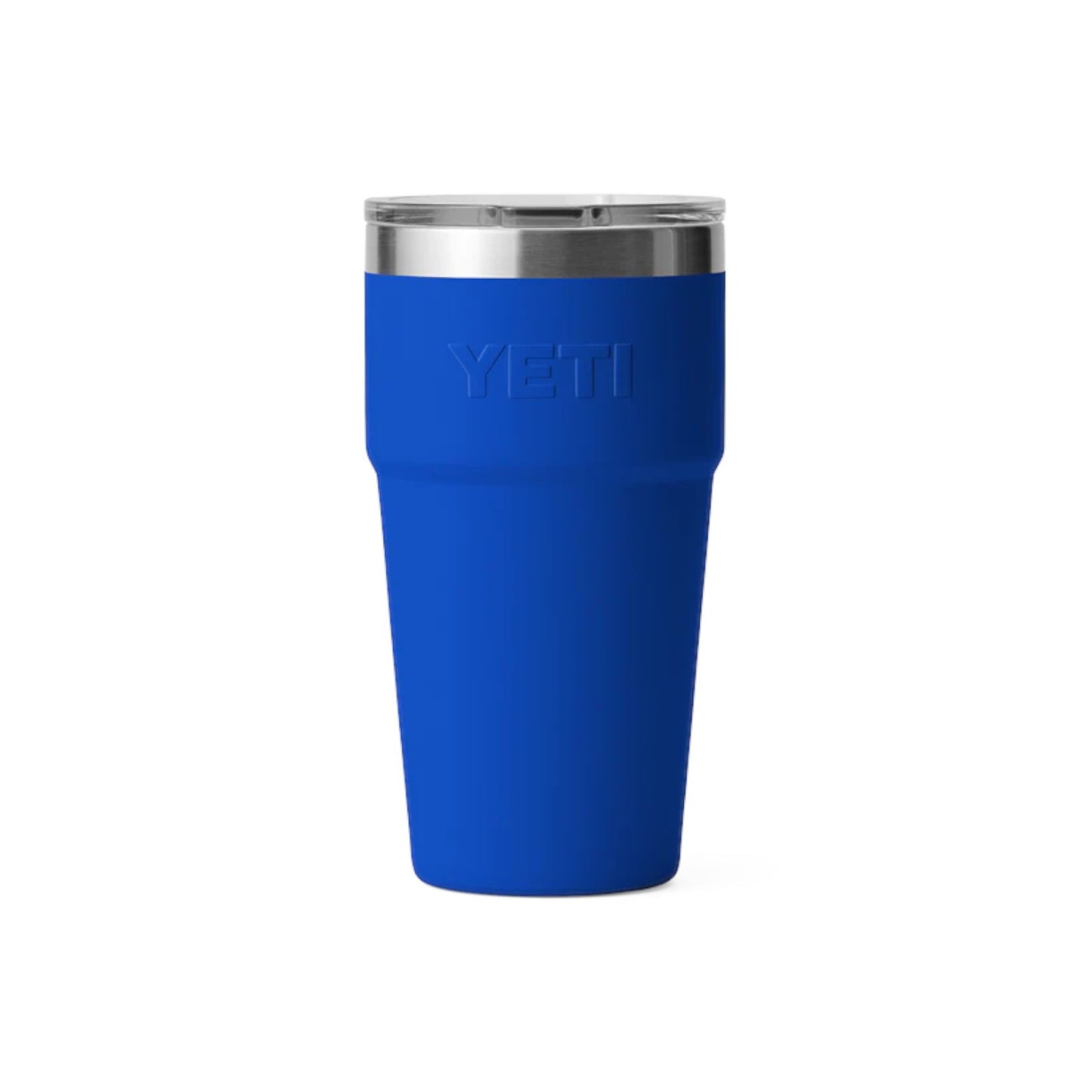 Blue YETI tumbler with a silver rim on a white background