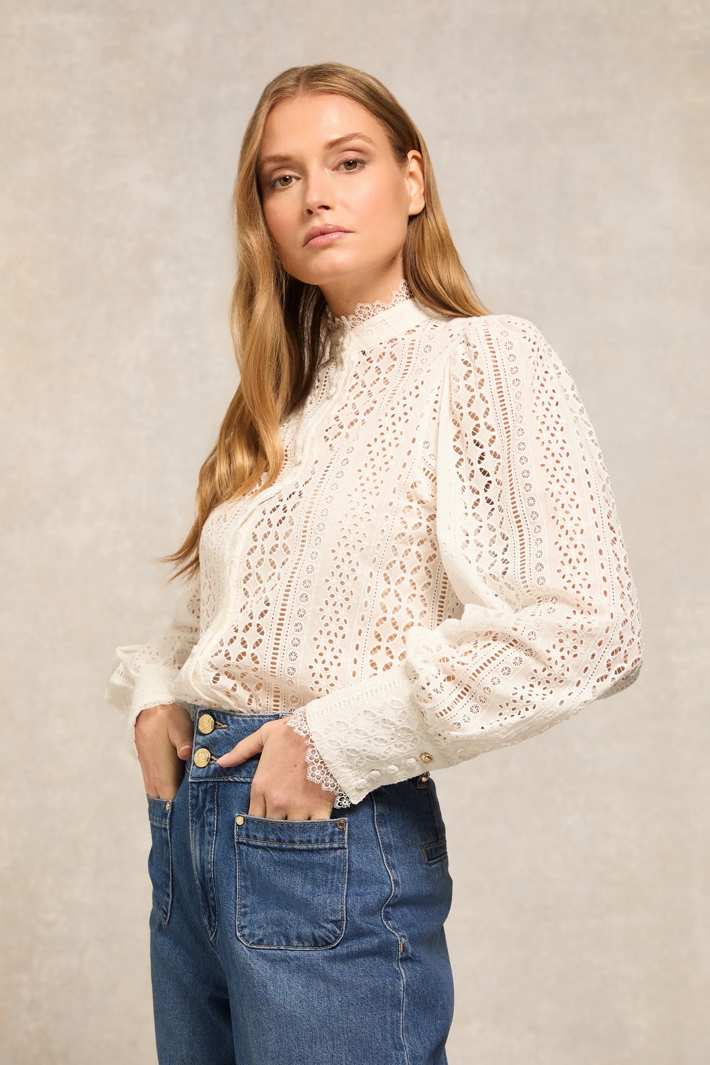 Holland Cooper Collarless Broderie Shirt White
