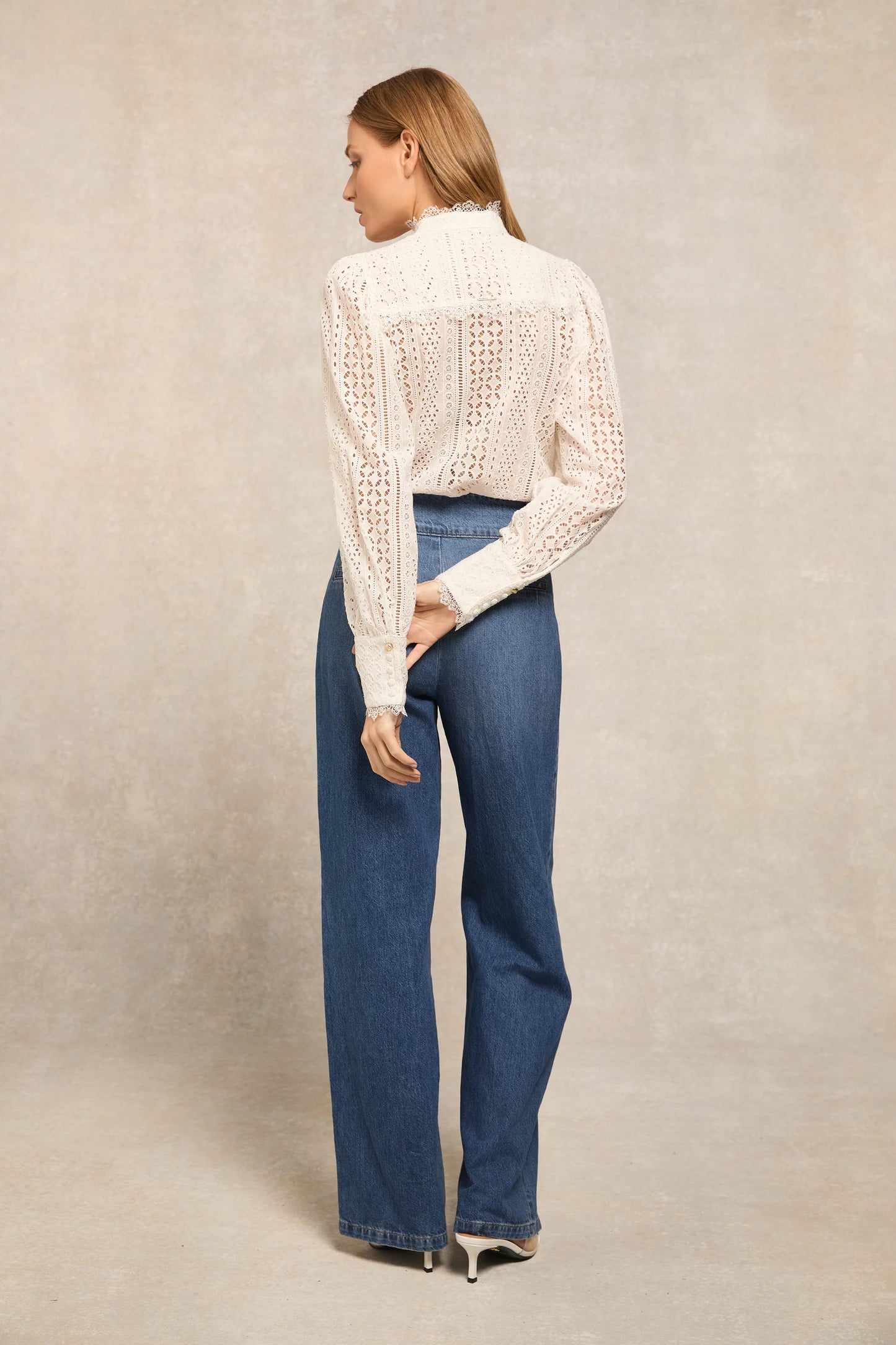 Holland Cooper Collarless Broderie Shirt White