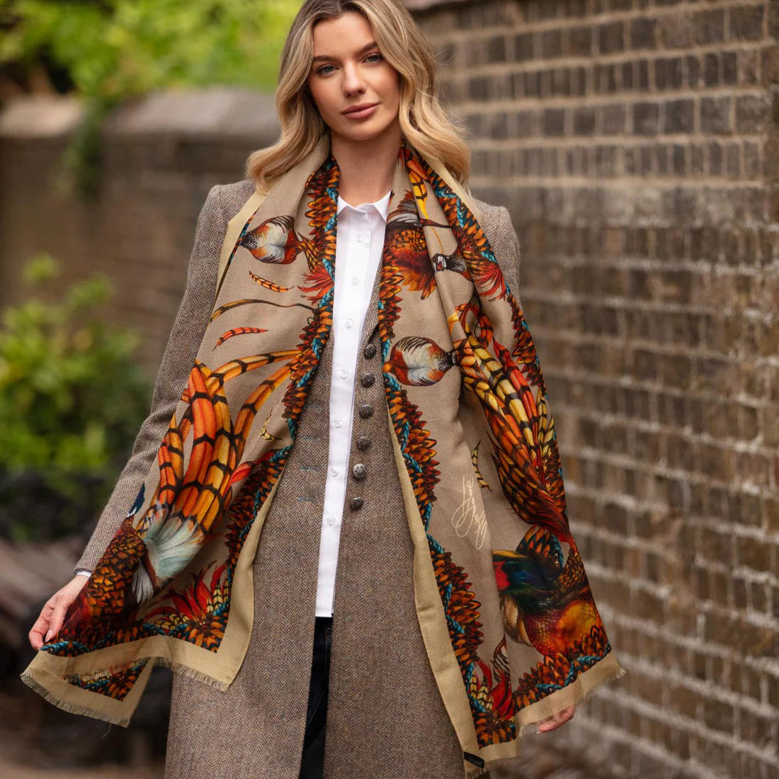 Clare Haggas Heads or Tails Toffee Gold Wool Silk Wrap Scarf