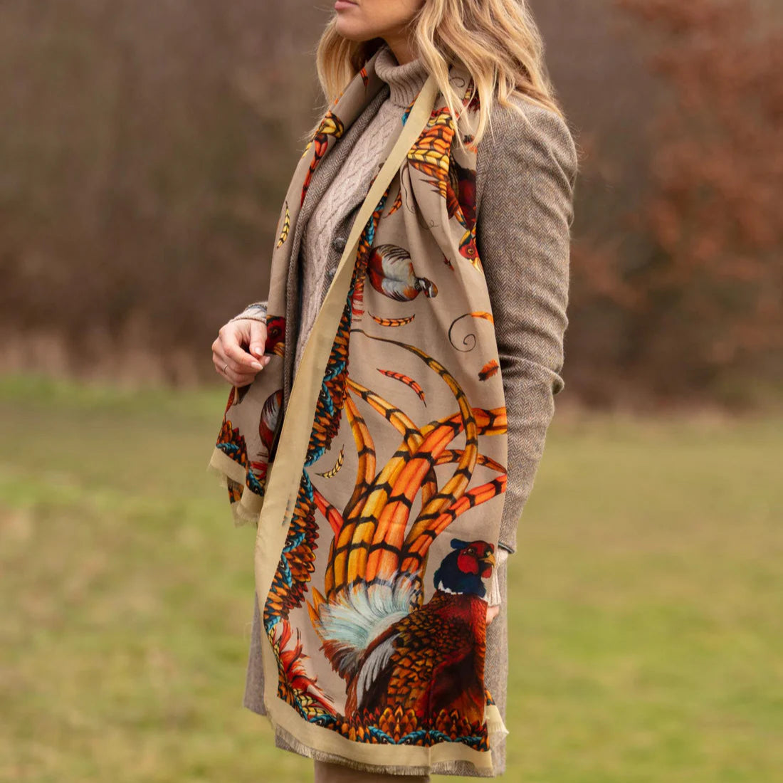 Clare Haggas Heads or Tails Toffee Gold Wool Silk Wrap Scarf