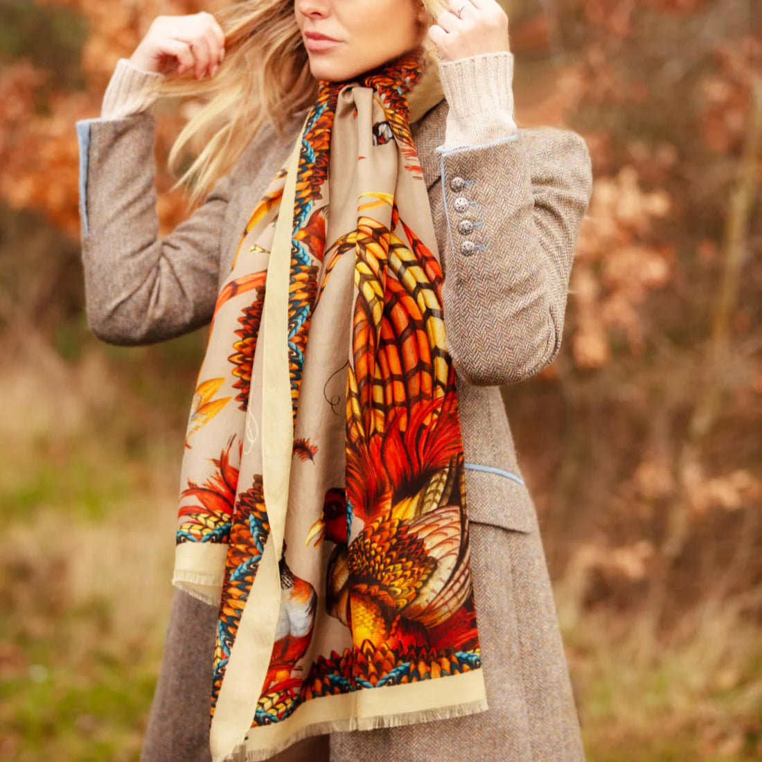 Clare Haggas Heads or Tails Toffee Gold Wool Silk Wrap Scarf