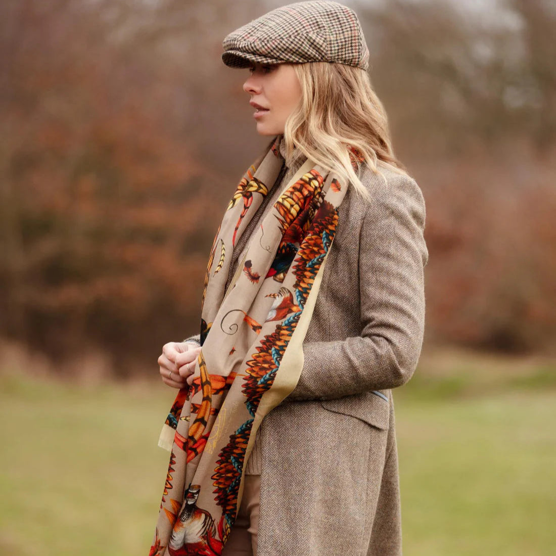 Clare Haggas Heads or Tails Toffee Gold Wool Silk Wrap Scarf