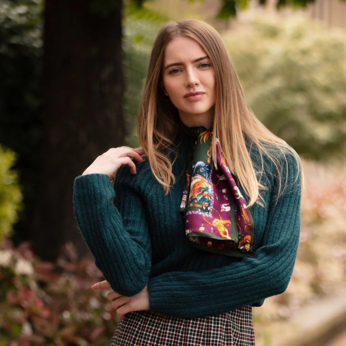 Clare Haggas Its A Dog's Life Narrow Silk Scarf Hunter Green & Oxblood