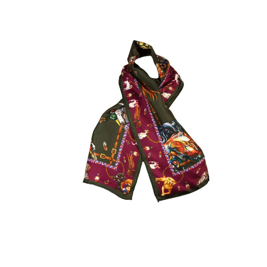 Clare Haggas Its A Dog's Life Narrow Silk Scarf Hunter Green & Oxblood