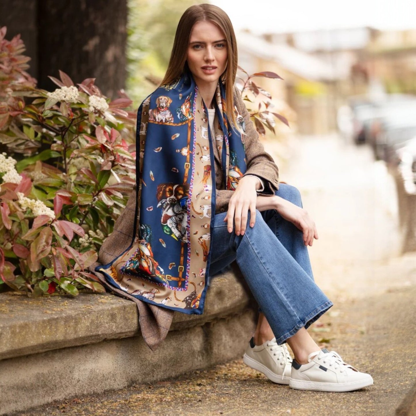 Clare Haggas Its A Dog's Life Classic Silk Scarf Navy & Fawn