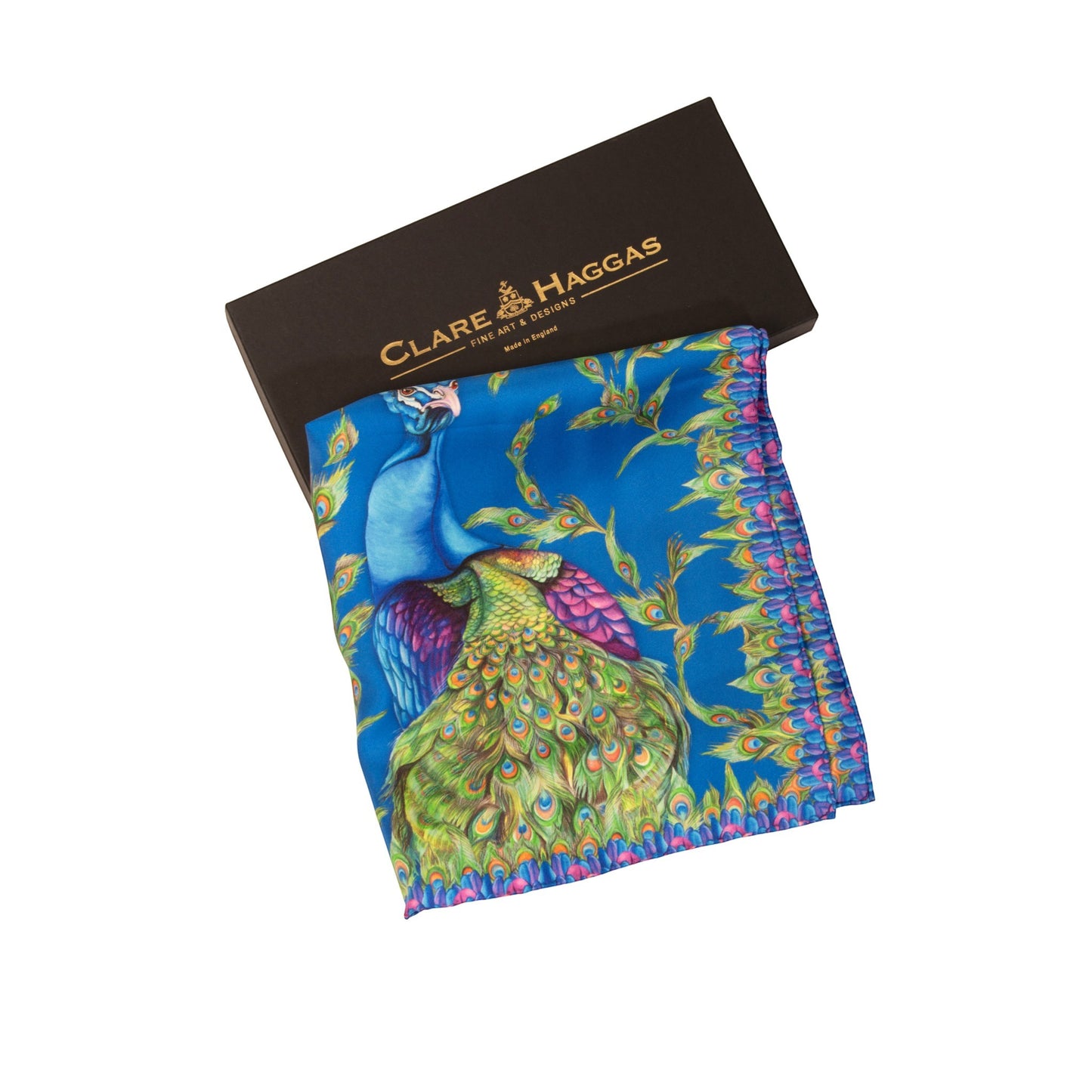 Clare Haggas Pluming Marvellous Peacock Blue Narrow Silk Scarf