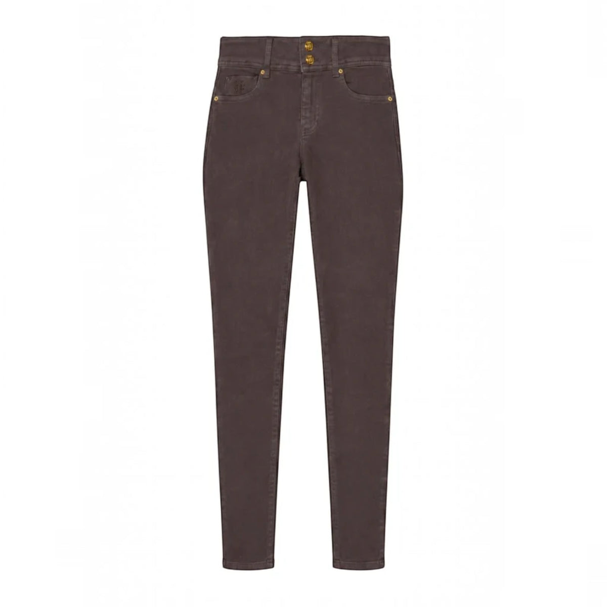 A pair of slim-fit jeans in a washed dark brown color, shown flat against a solid white background.