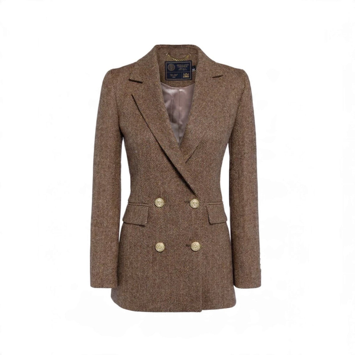 Holland Cooper Double Breasted Blazer Large Scale Brown Herringbone