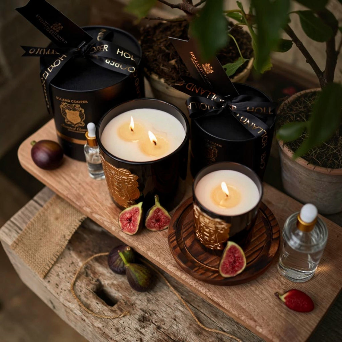 Two lit candles in black and gold glass vessels with matching black gift boxes tied by black ribbons, styled on a rustic wooden surface with figs, a small bottle, and potted plants in the background.