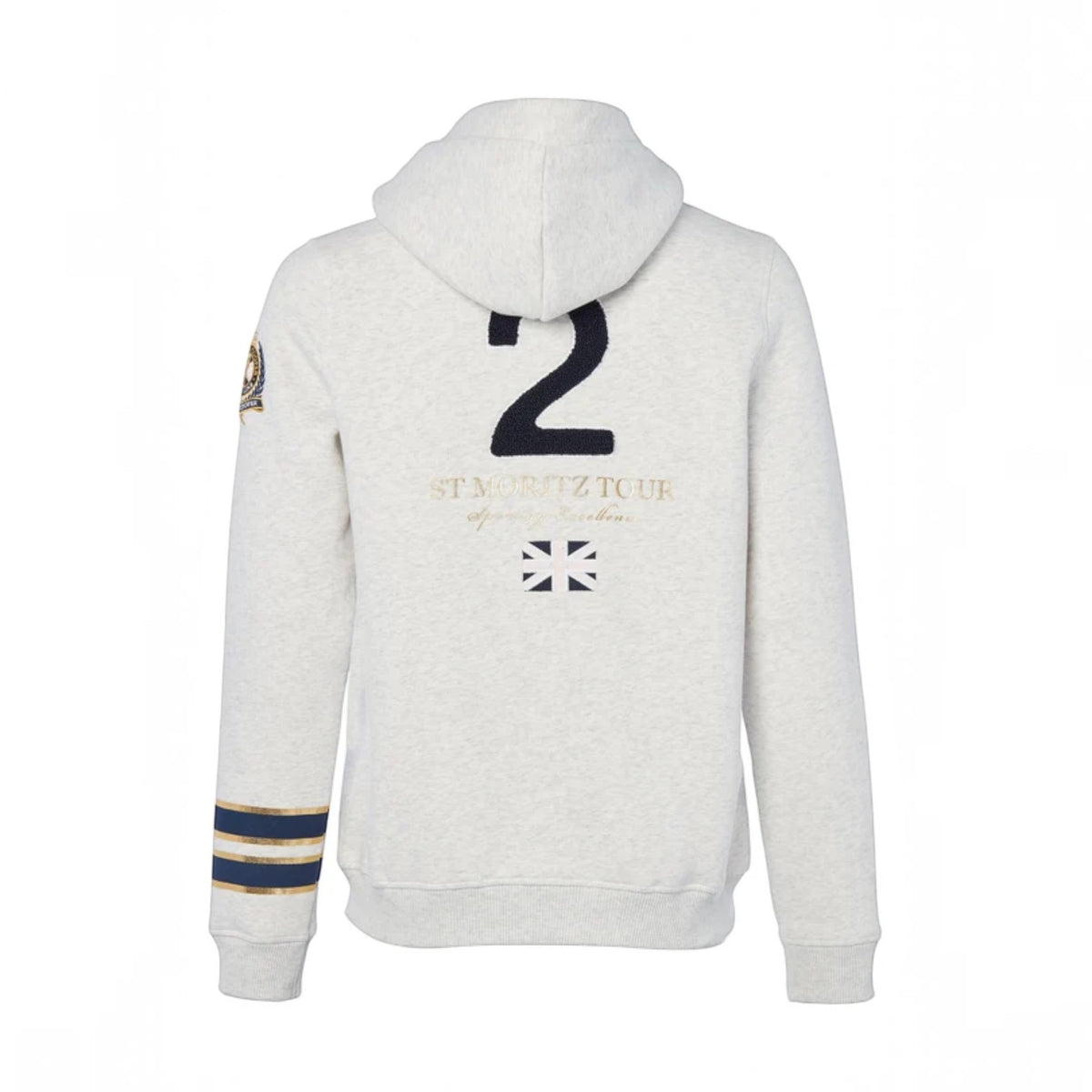 A light heather gray hoodie shown from the back, featuring a large black number '2' on the back, gold 'ST MORBITZ TOUR' text, a small Union Jack flag, and navy and gold stripes on the left sleeve.