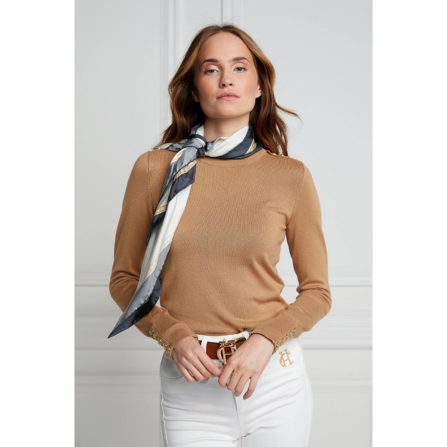 Holland Cooper Buttoned Knit Crew Neck Dark Camel