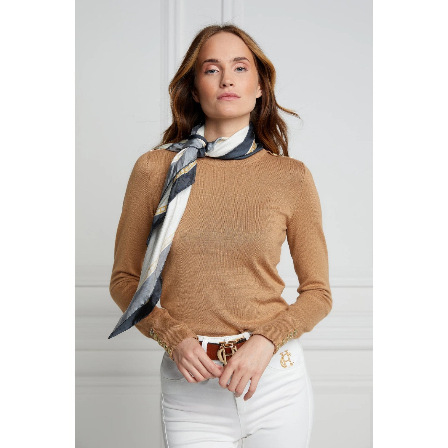 Holland Cooper Buttoned Knit Crew Neck Dark Camel