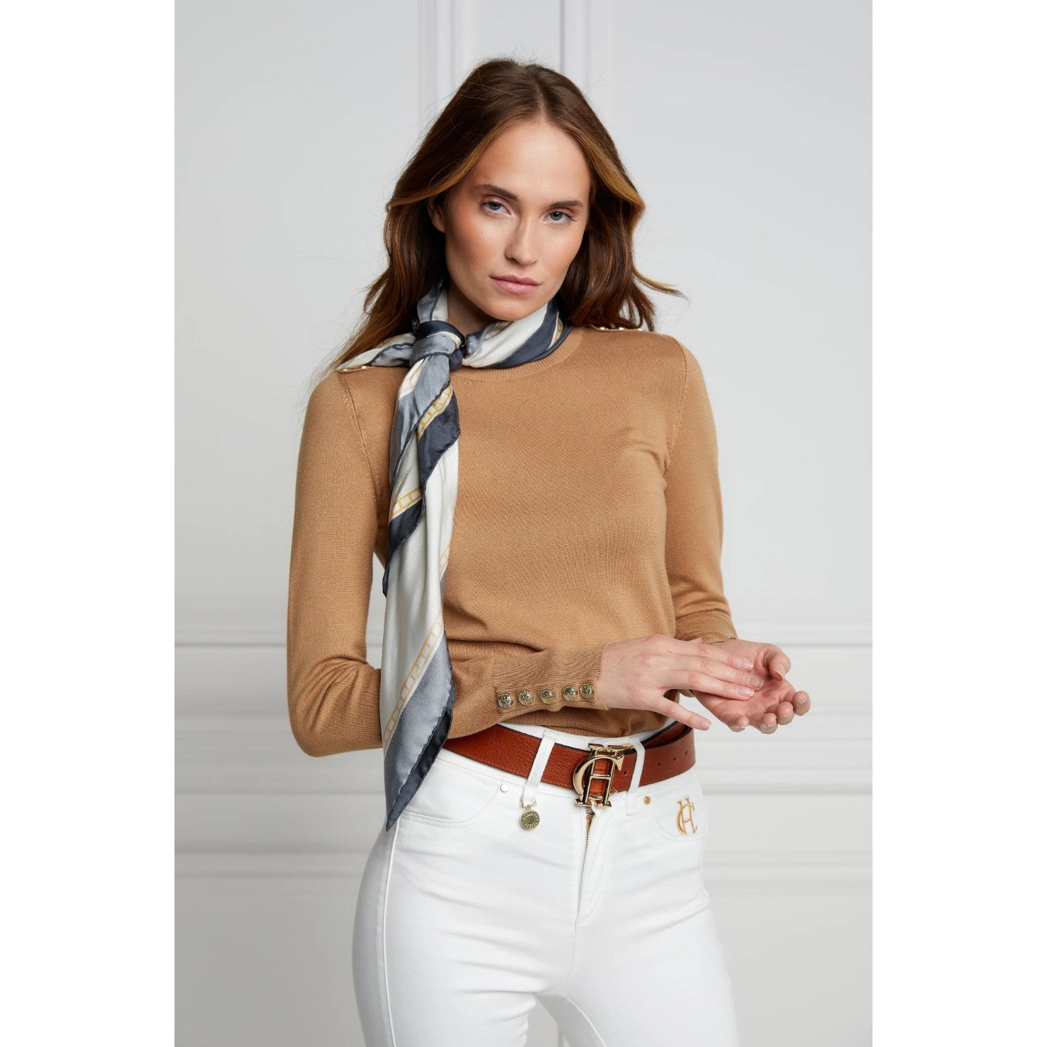 Holland Cooper Buttoned Knit Crew Neck Dark Camel