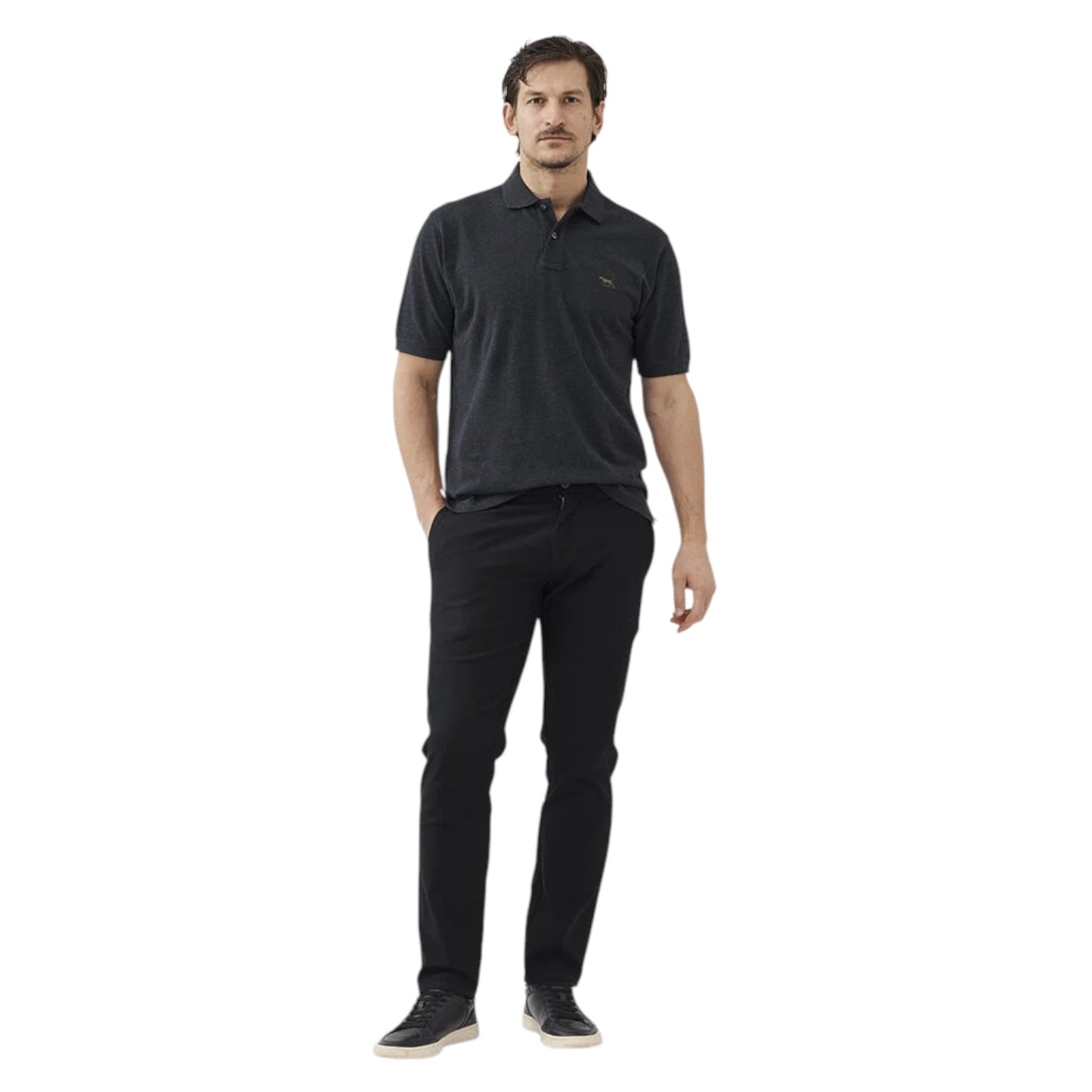 Man wearing a black polo shirt and pants on a white background