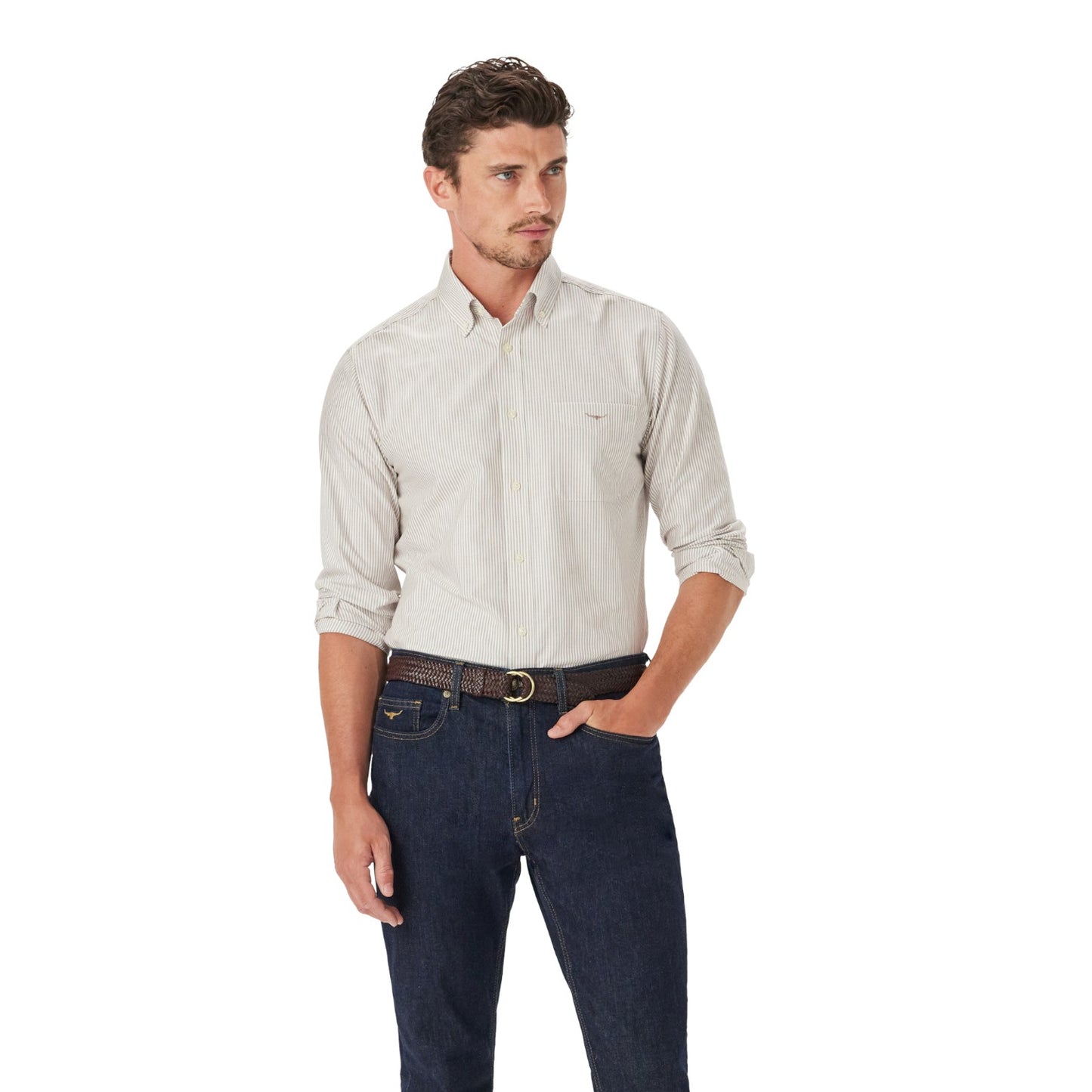 R.M. Williams Regular Oxford Stripe Shirt Brown/White