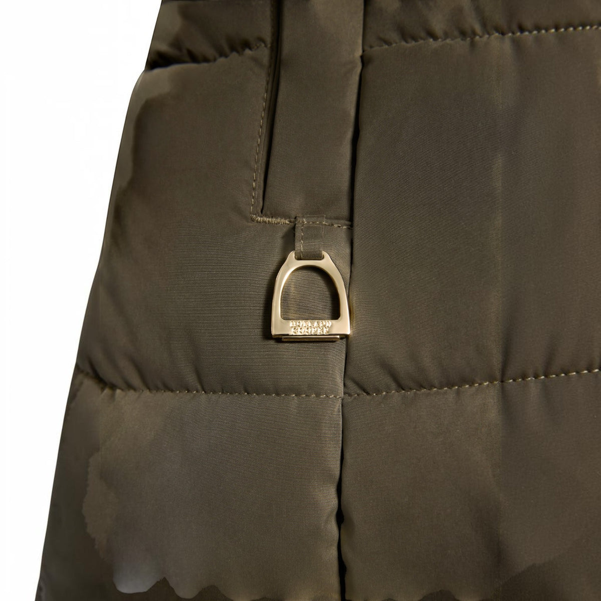 Close-up of a dark olive green puffer jacket showing a padded section with a silver-toned metal D-ring closure on a white background.