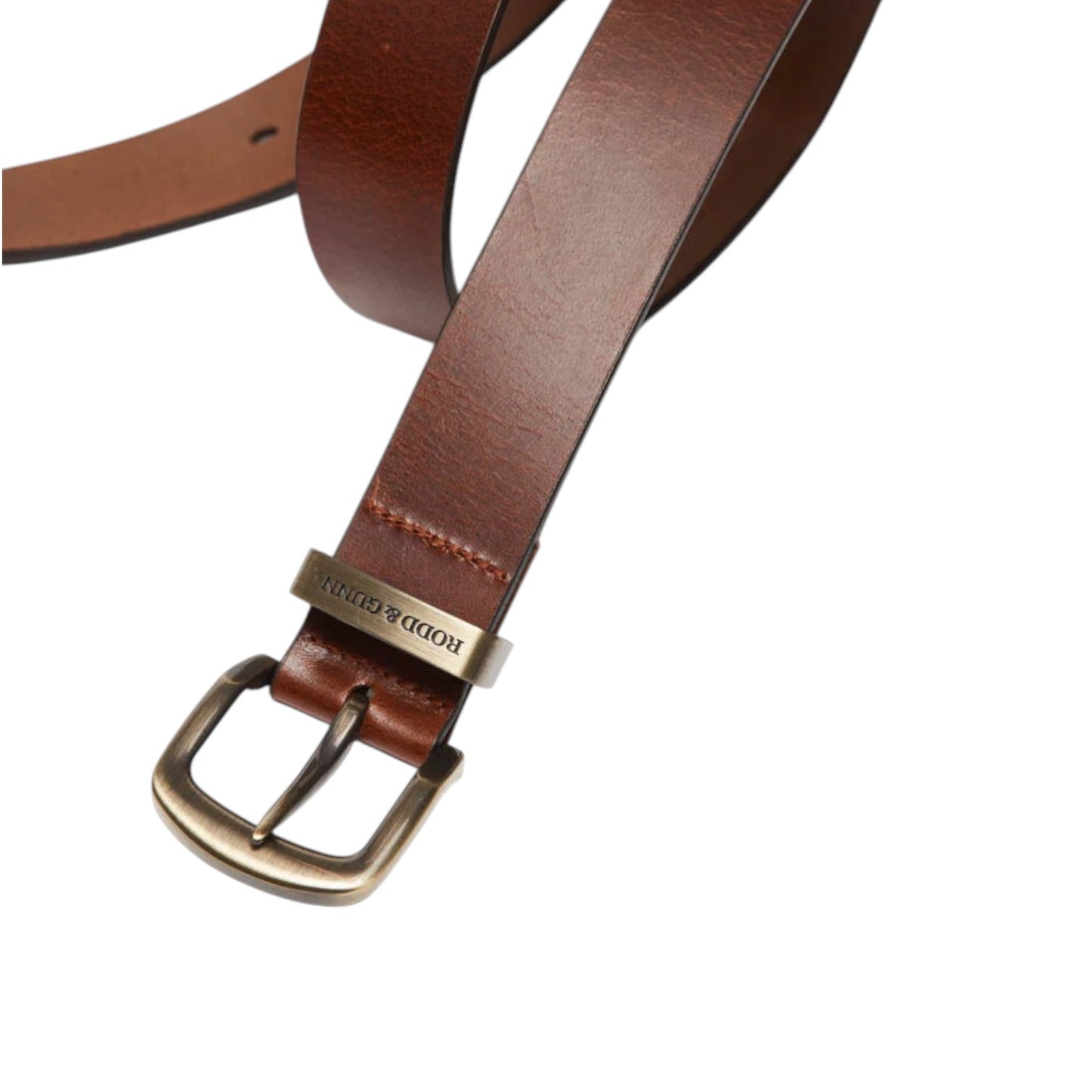 Brown leather belt with brass buckle on a white background