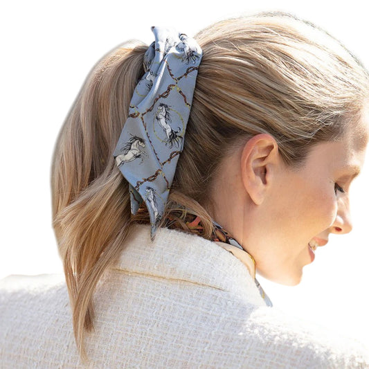 Clare Haggas Rearing to Go Powder Blue Medium Tail Silk Scrunchie