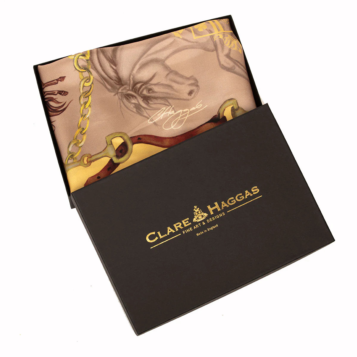 Clare Haggas Hold Your Horses Narrow Silk Scarf Toffee & Gold