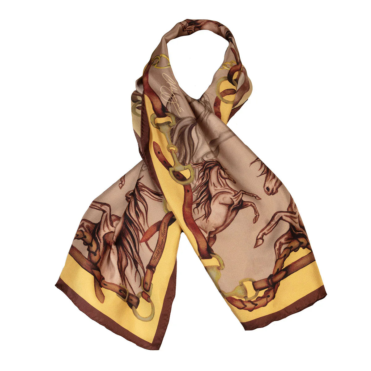 Clare Haggas Hold Your Horses Narrow Silk Scarf Toffee & Gold