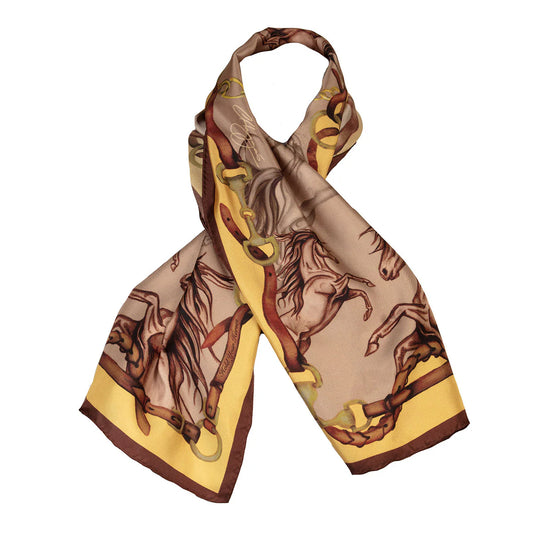 Clare Haggas Hold Your Horses Narrow Silk Scarf Toffee & Gold