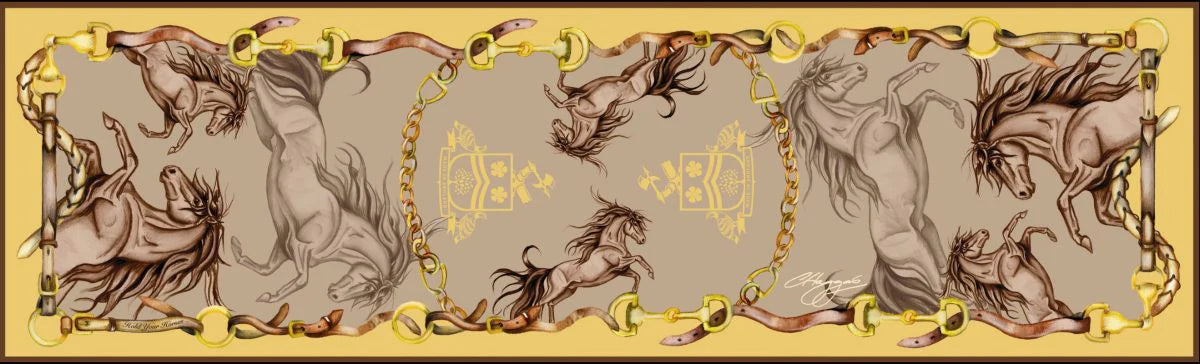 Clare Haggas Hold Your Horses Narrow Silk Scarf Toffee & Gold