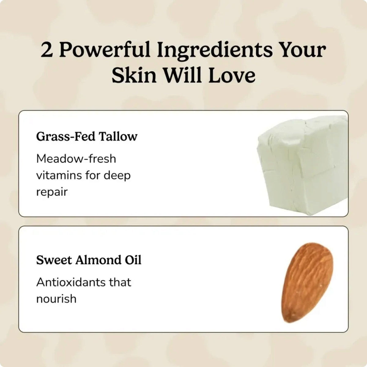 Cheshire Country Store Fat Cow whipped tallow cream ingredients list featuring grass-fed tallow and sweet almond oil.