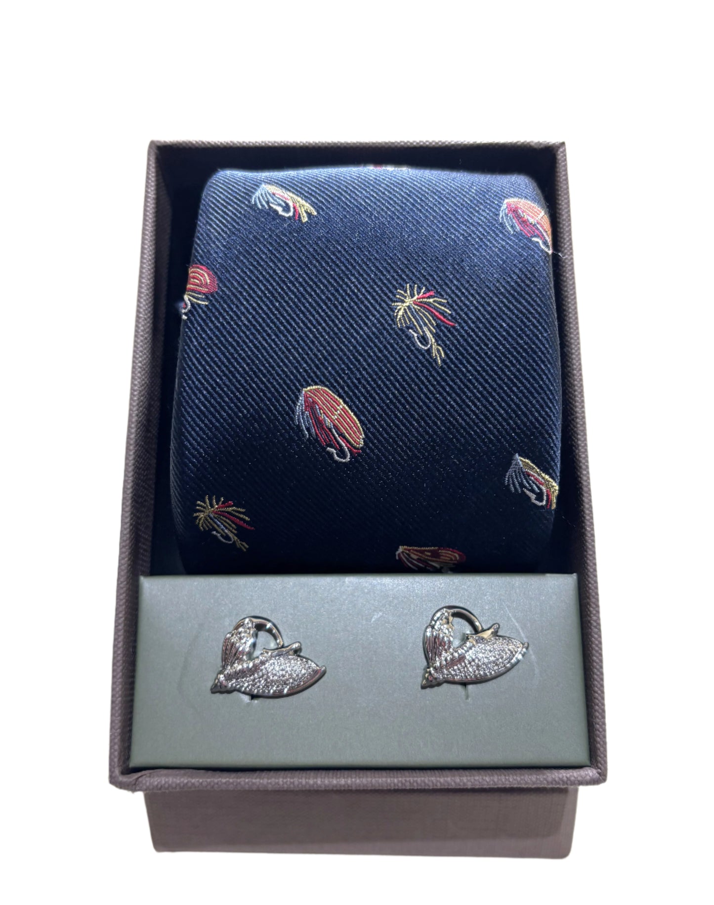 Soprano Shooting Tie & Cufflinks Set - Fishing Flies on Navy Ground