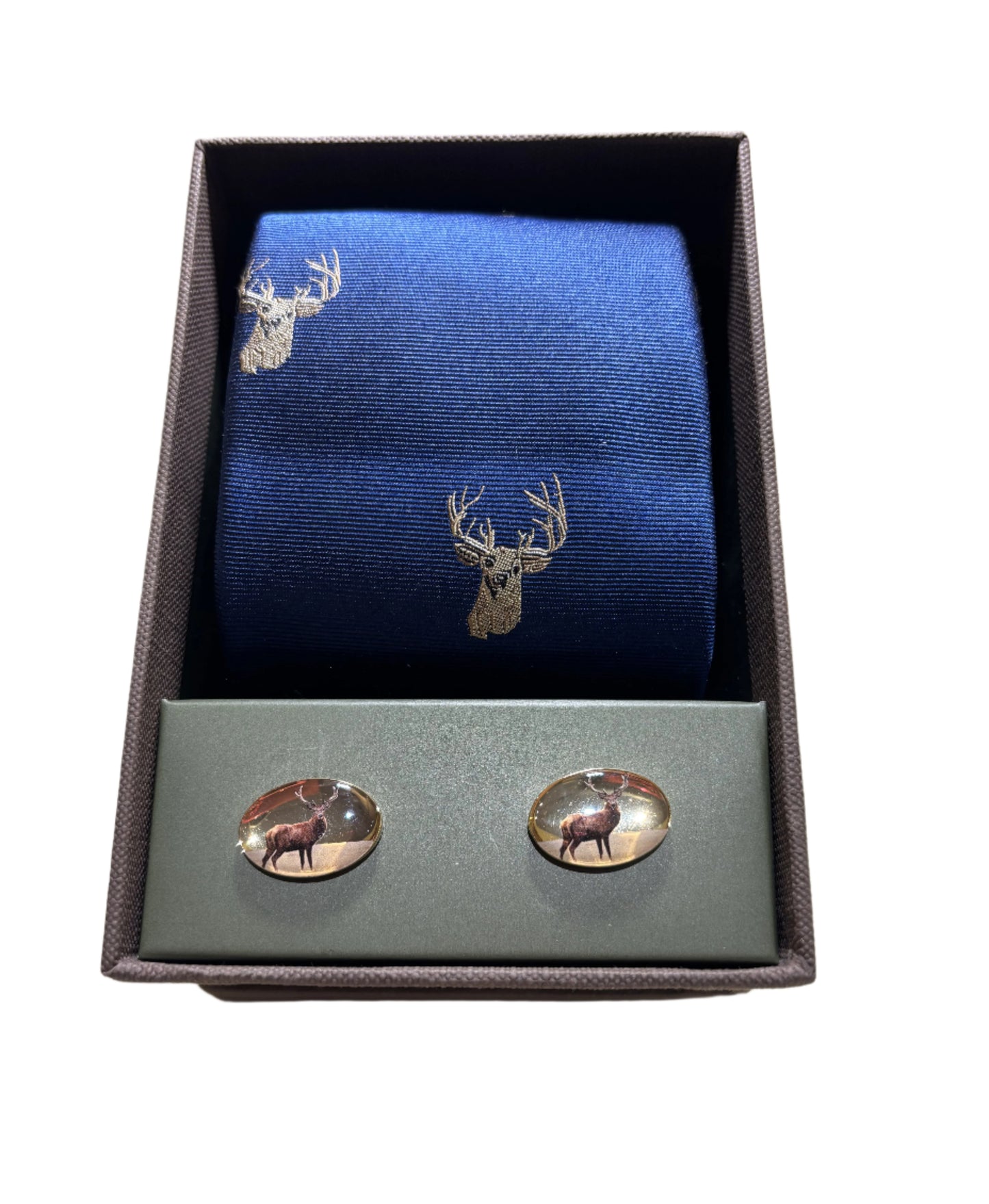 Soprano Stags Head on Royal Blue Ground Tie Cufflinks Set
