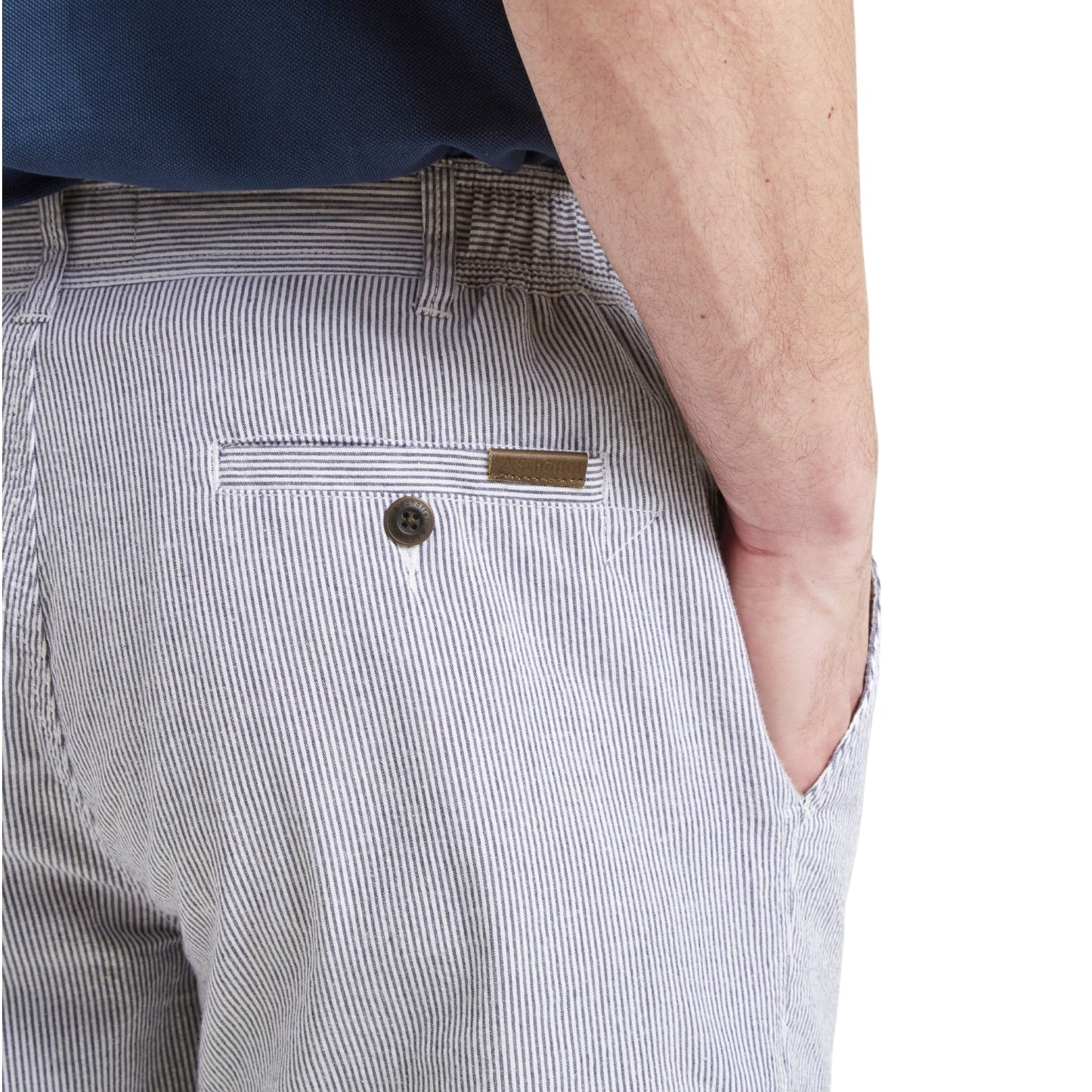 Close-up of a person wearing gray striped pants with a button on a white background