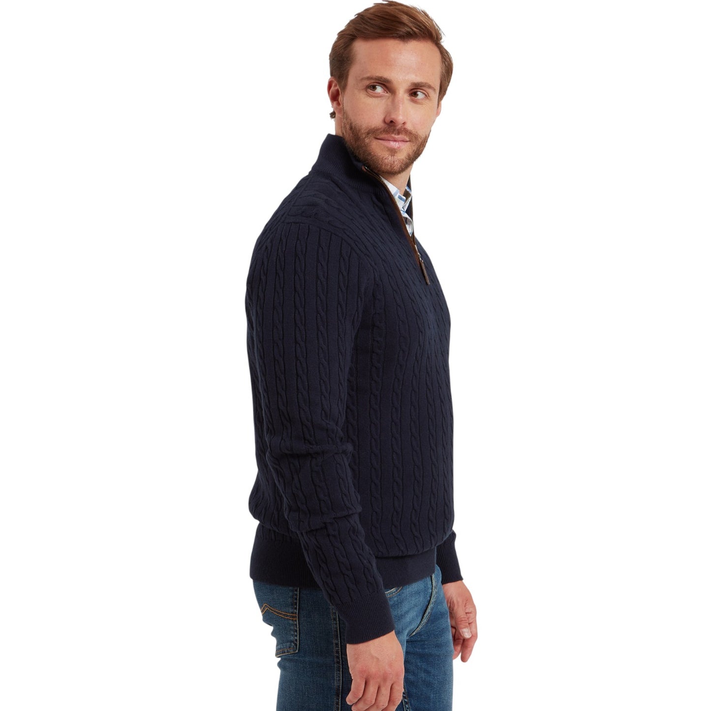 Schoffel Calton Cotton Cashmere Cable 1/4 Zip Jumper Navy