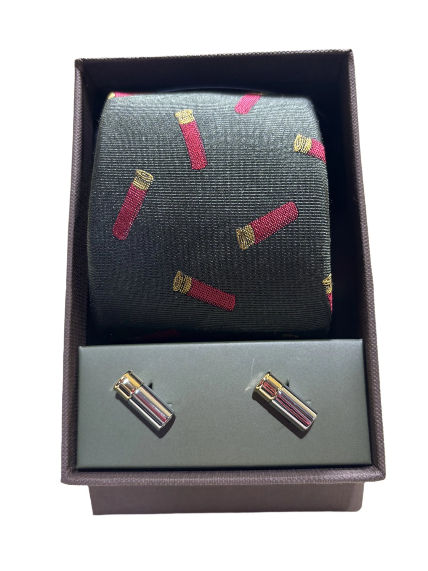 Soprano Shooting Tie & Cufflinks Set - Gun Cartridges on Green Ground