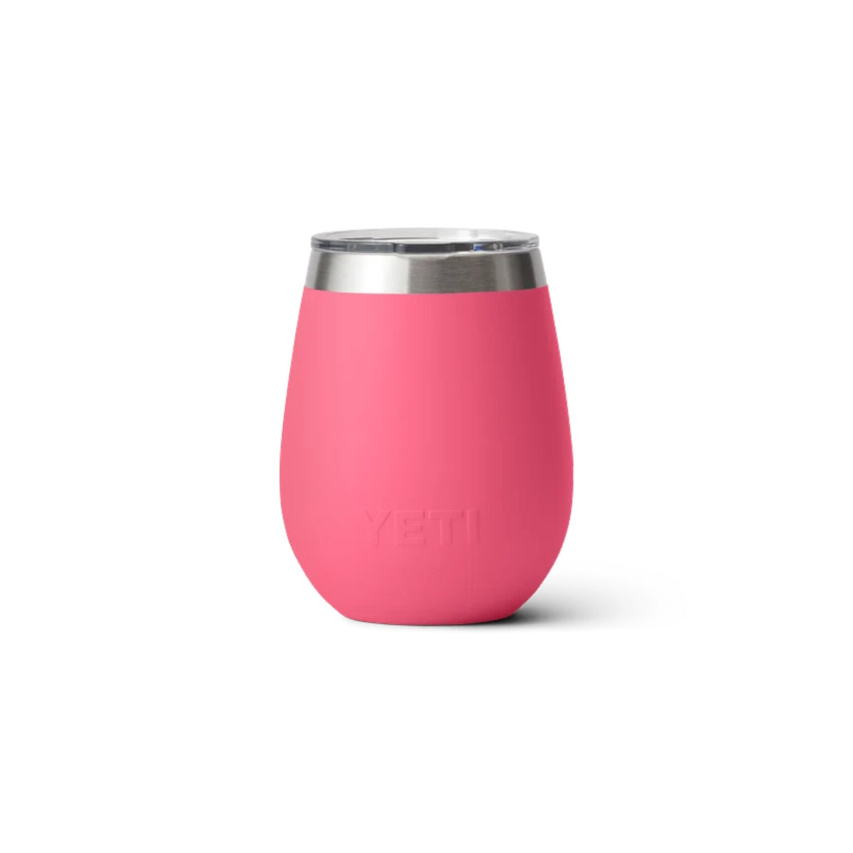 A pink Yeti insulated stemless wine tumbler with a stainless steel rim, shown on a clean white background.