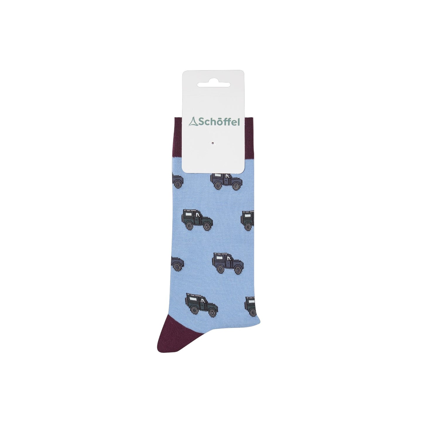 Blue socks with bird pattern and 'Sock Talk' packaging on a white background