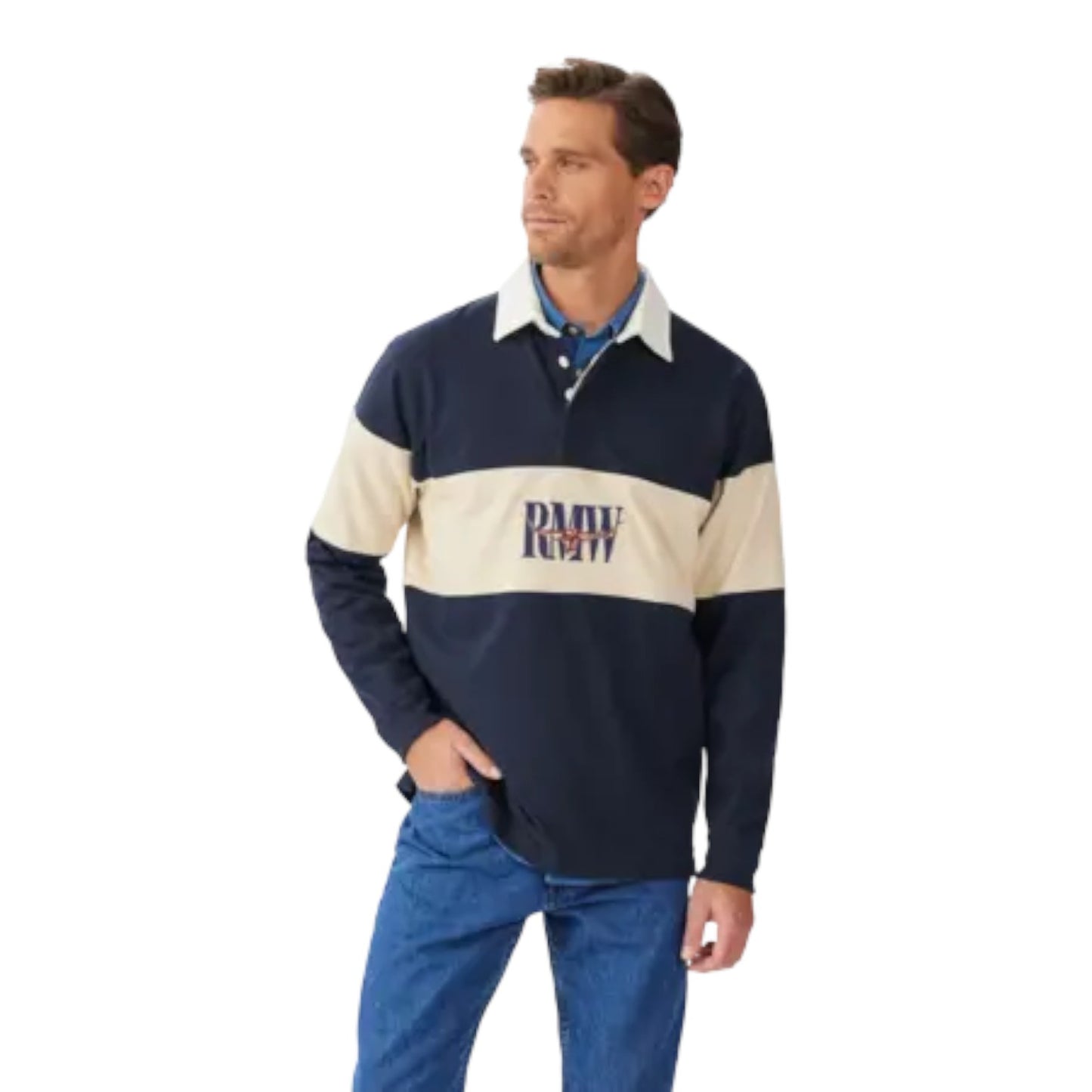 Man wearing a navy and beige striped rugby shirt with 'Rugby' text on a white background
