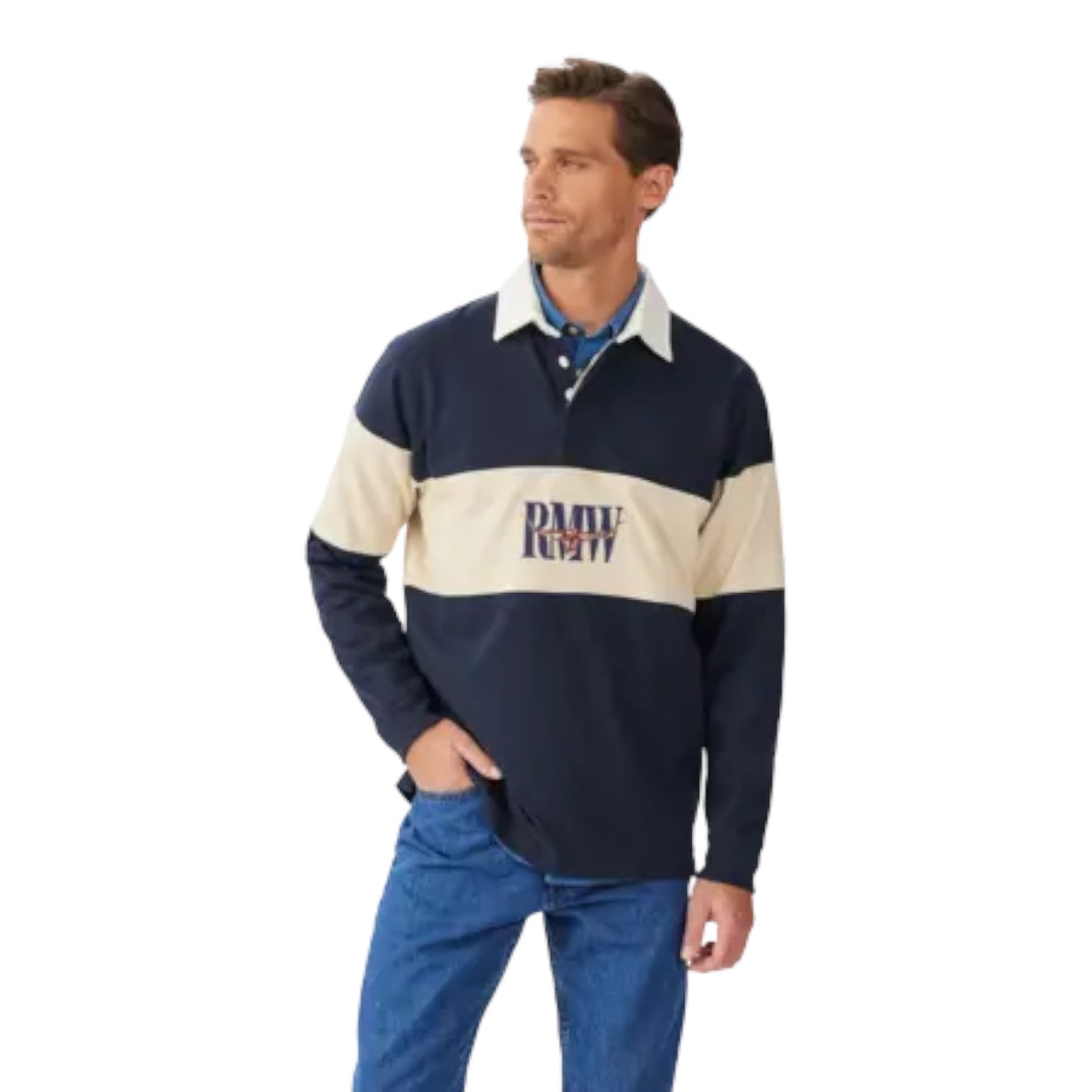 Man wearing a navy and beige striped rugby shirt with 'Rugby' text on a white background