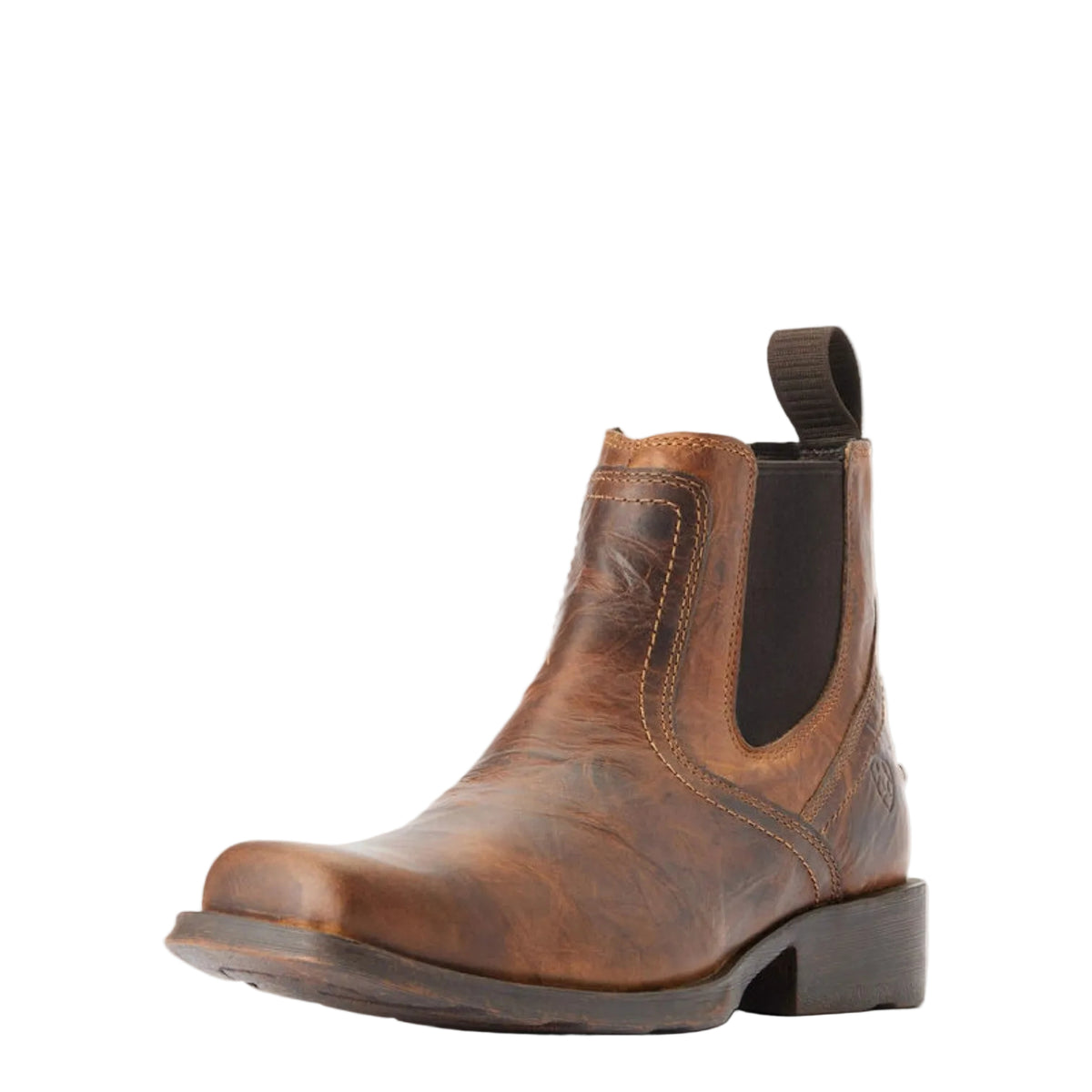 Brown leather boot with a black sole on a white background