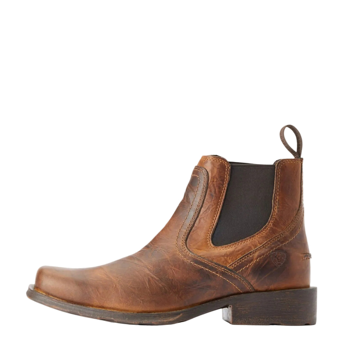 Brown leather boot with a white background