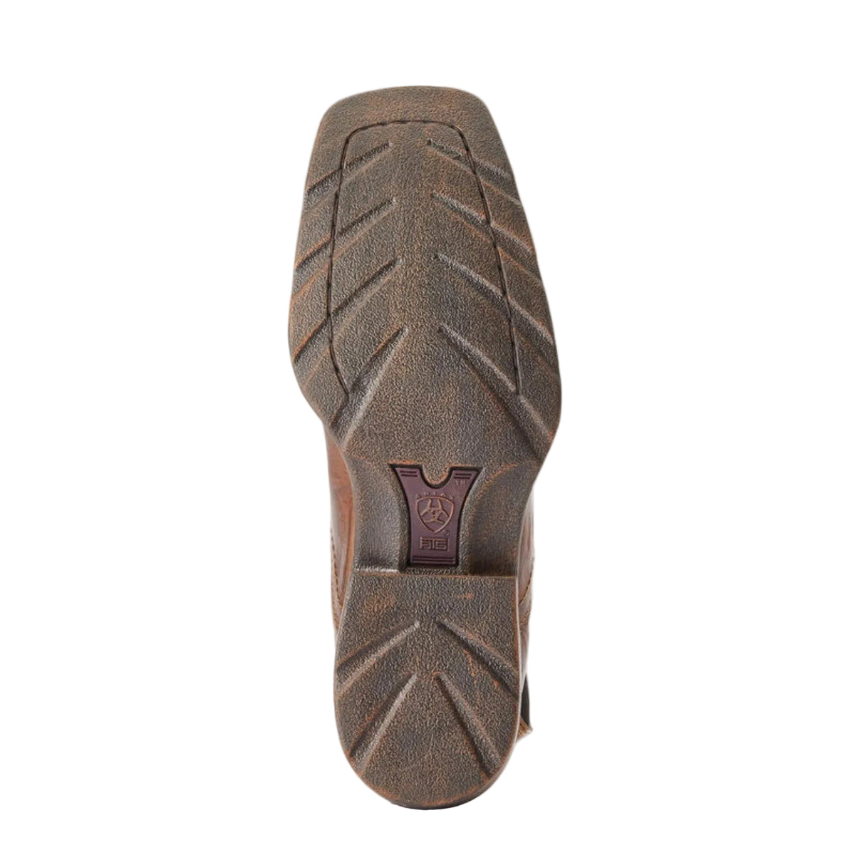 The outsole of a brown leather boot, showing a textured tread pattern and a small embossed logo patch near the heel, set against a plain off-white background.