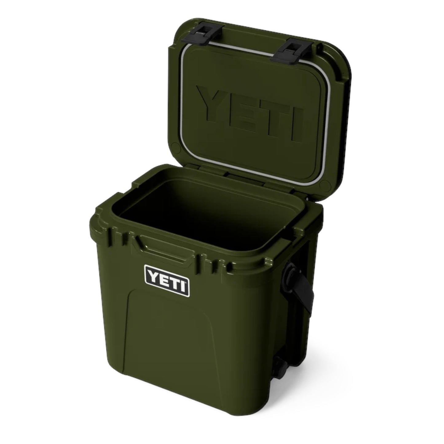 An olive green YETI hard-sided cooler with its lid open, showing the interior and embossed YETI logo on the lid, on a clean white background.
