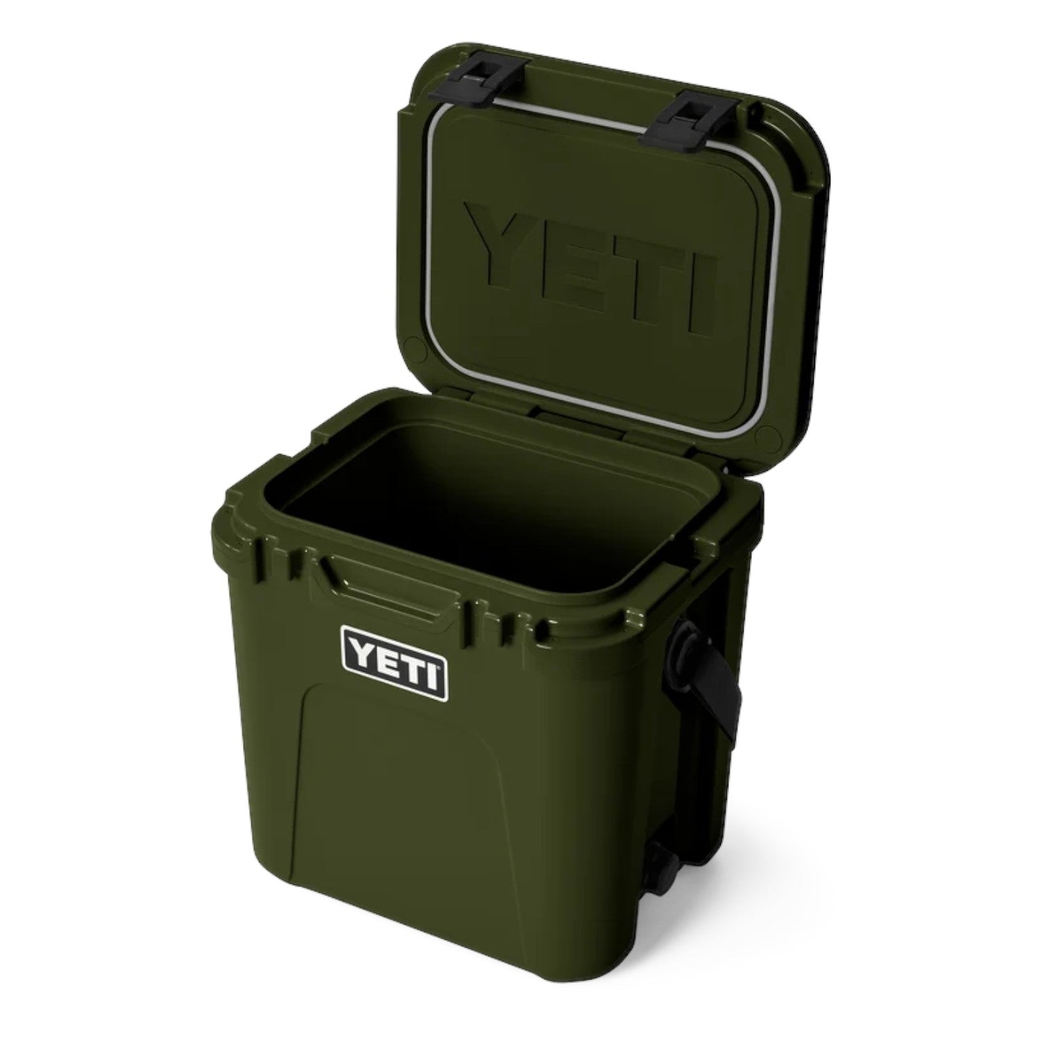 An olive green YETI hard-sided cooler with its lid open, showing the interior and embossed YETI logo on the lid, on a clean white background.