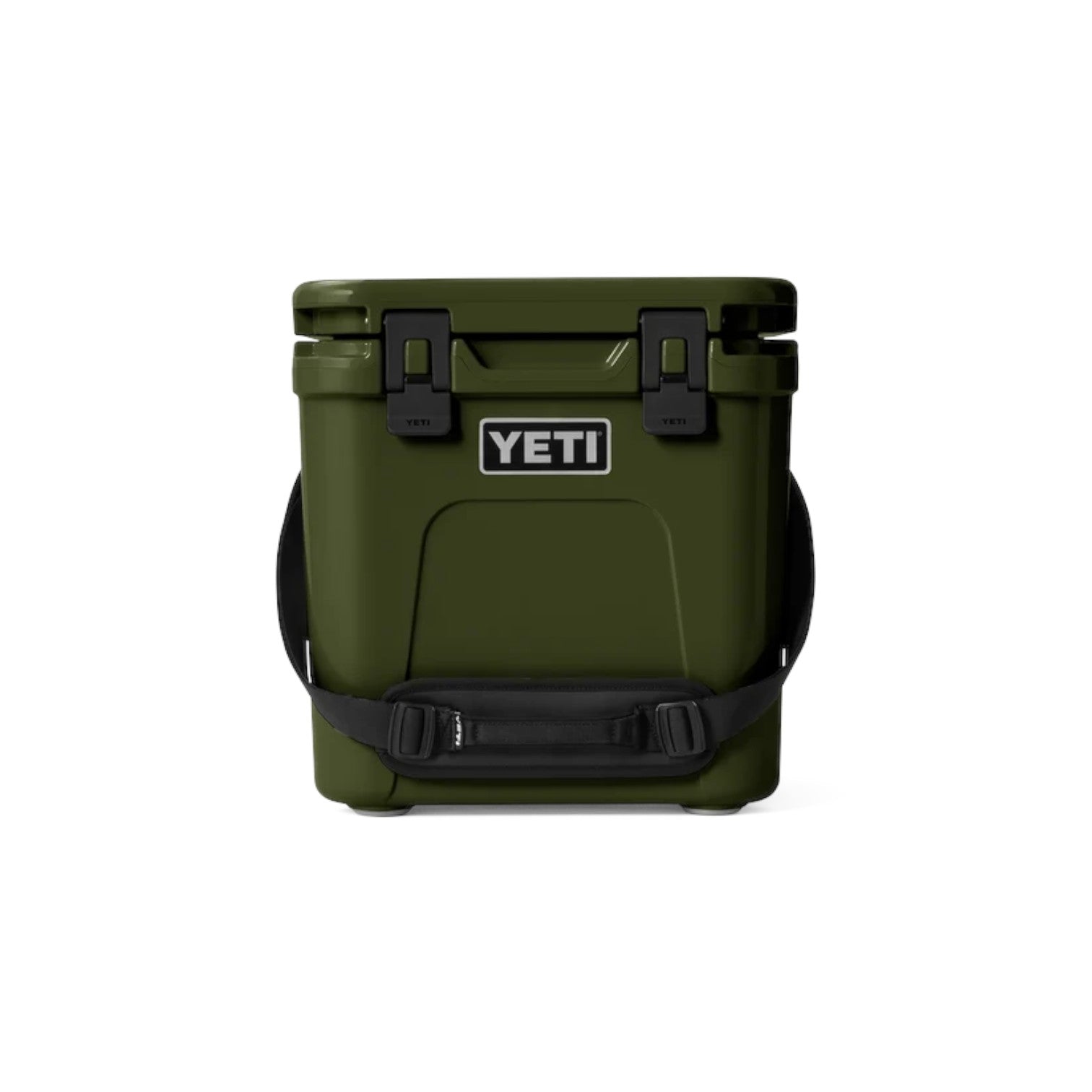 An olive green YETI cooler with black latches, a black carrying handle, and a black shoulder strap, shown from the front on a white background.